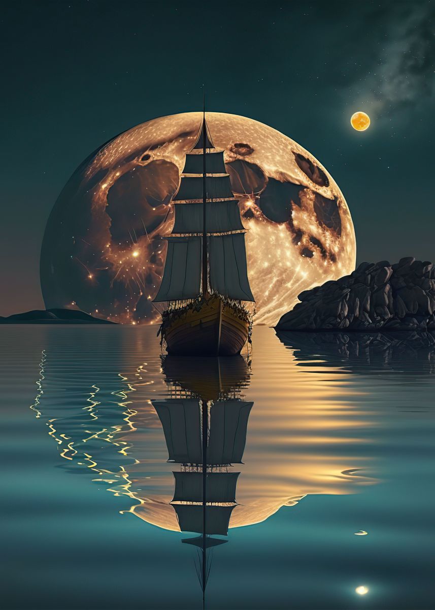 'boat Moon Night ' Poster, Picture, Metal Print, Paint By King Kean