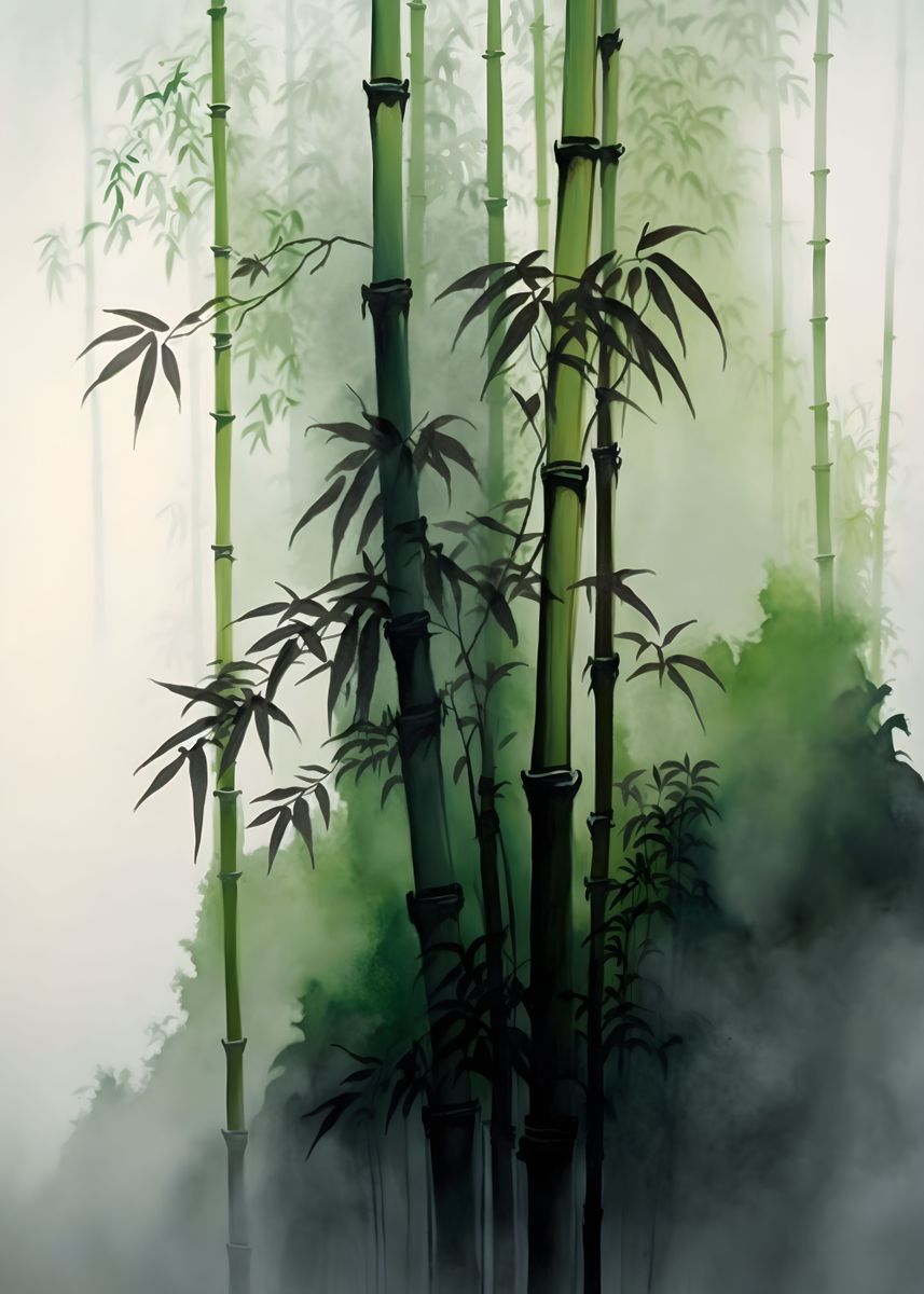 Bamboos in the mist - Japanese Watercolor Painting Art Print by Japanese  Vintage Prints