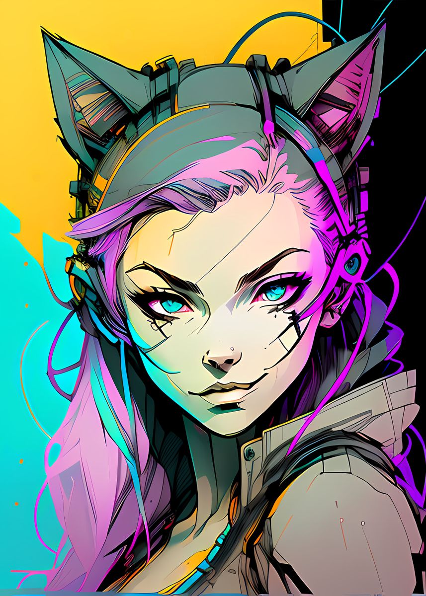 Anime Cyberpunk Girl and Cat - Anime Girls - Posters and Art Prints