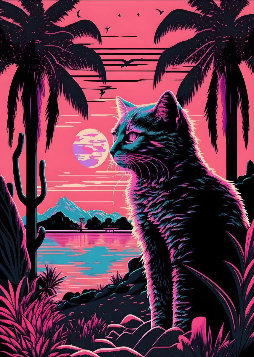 Retrowave Cat   Cat   Posters And Art Prints | TeePublic