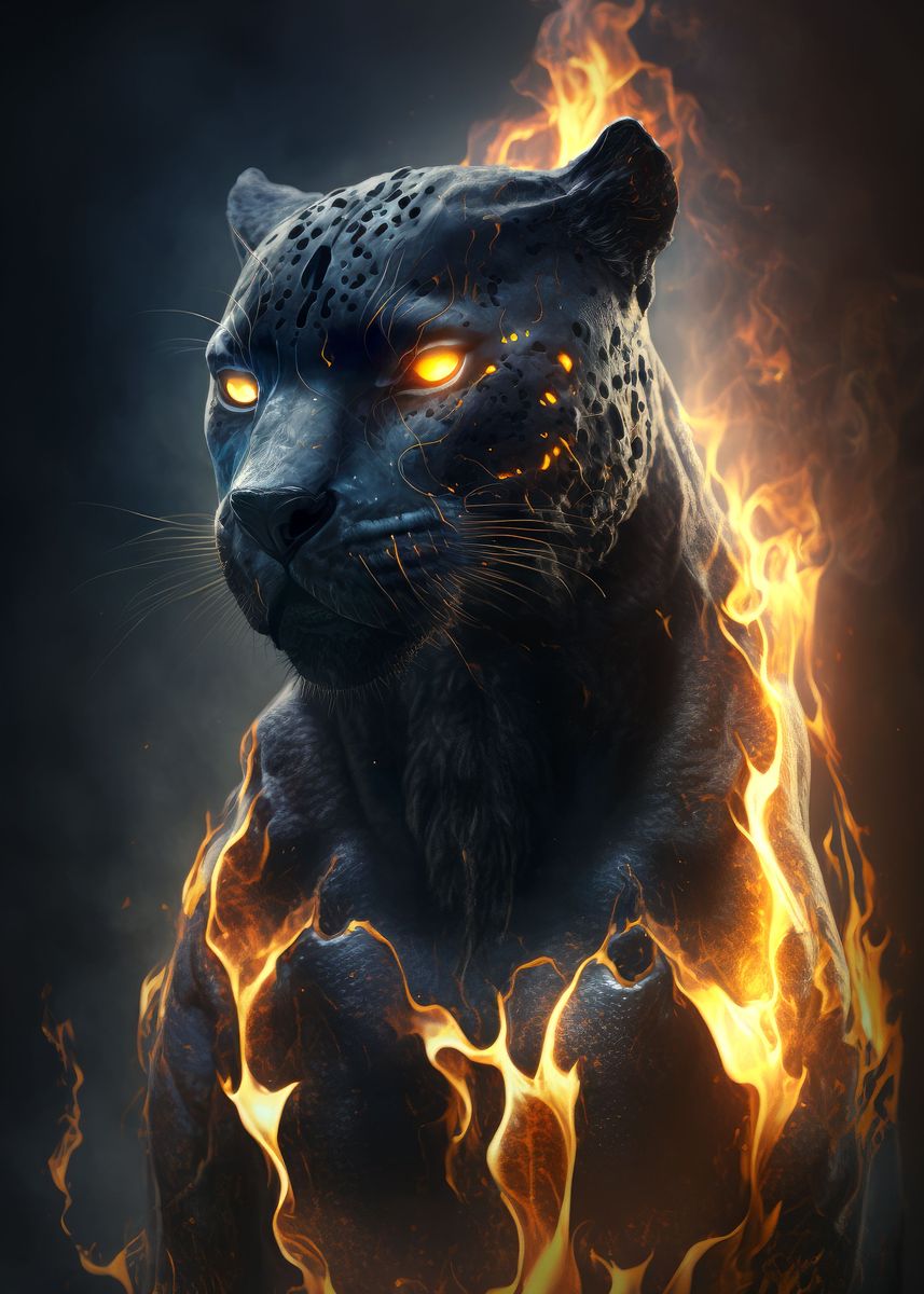  black panther fantasy fire poster picture metal print paint by