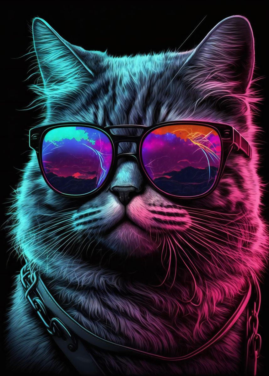 'Neon Nights Cat' Poster, picture, metal print, paint by Powerful Words ...