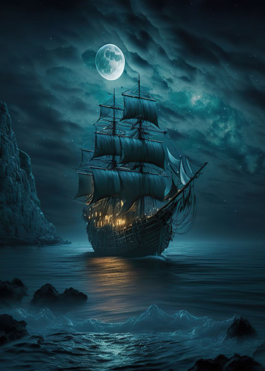 'boat moon night' Poster, picture, metal print, paint by paxtonronalda ...