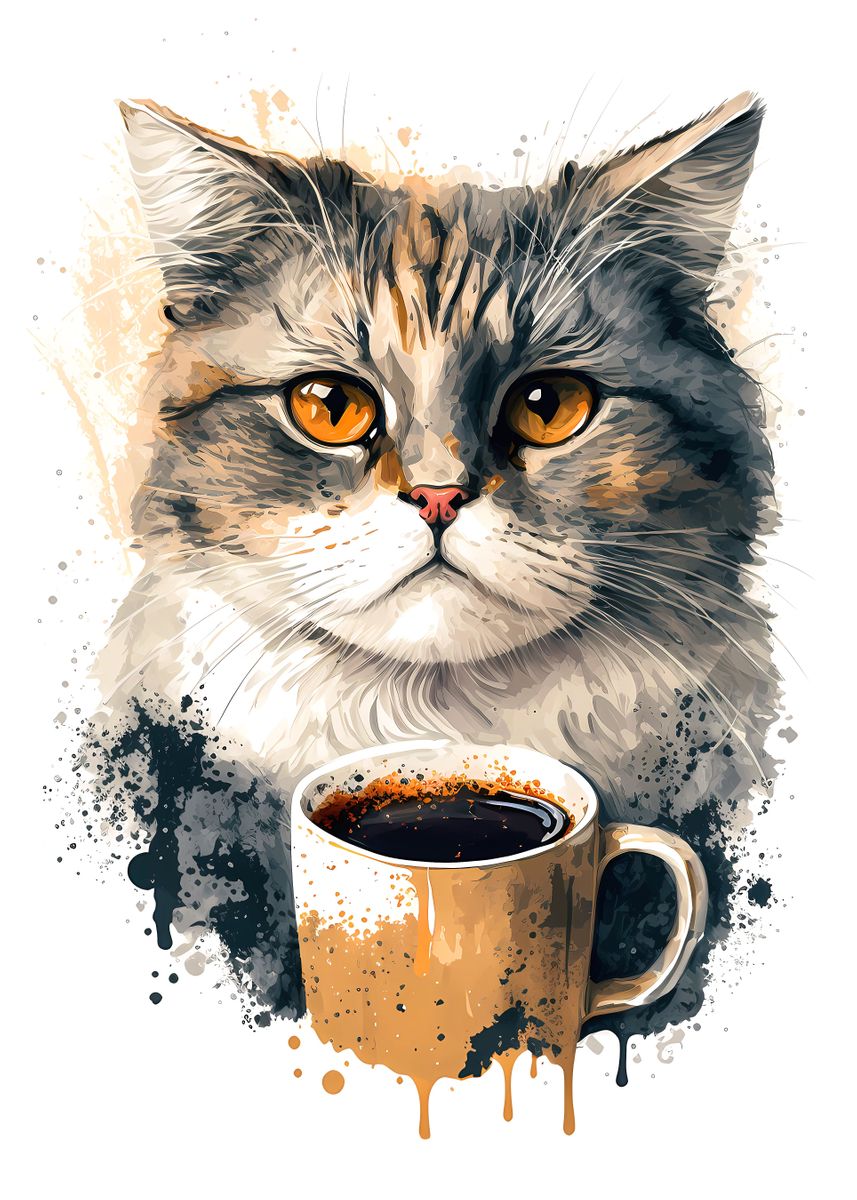 'Coffee Cat 2' Poster, picture, metal print, paint by Adam Cousins ...