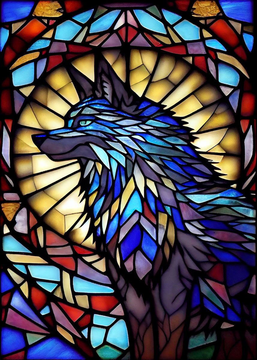 'Wolf Stained Glass Style' Poster, picture, metal print, paint by ...