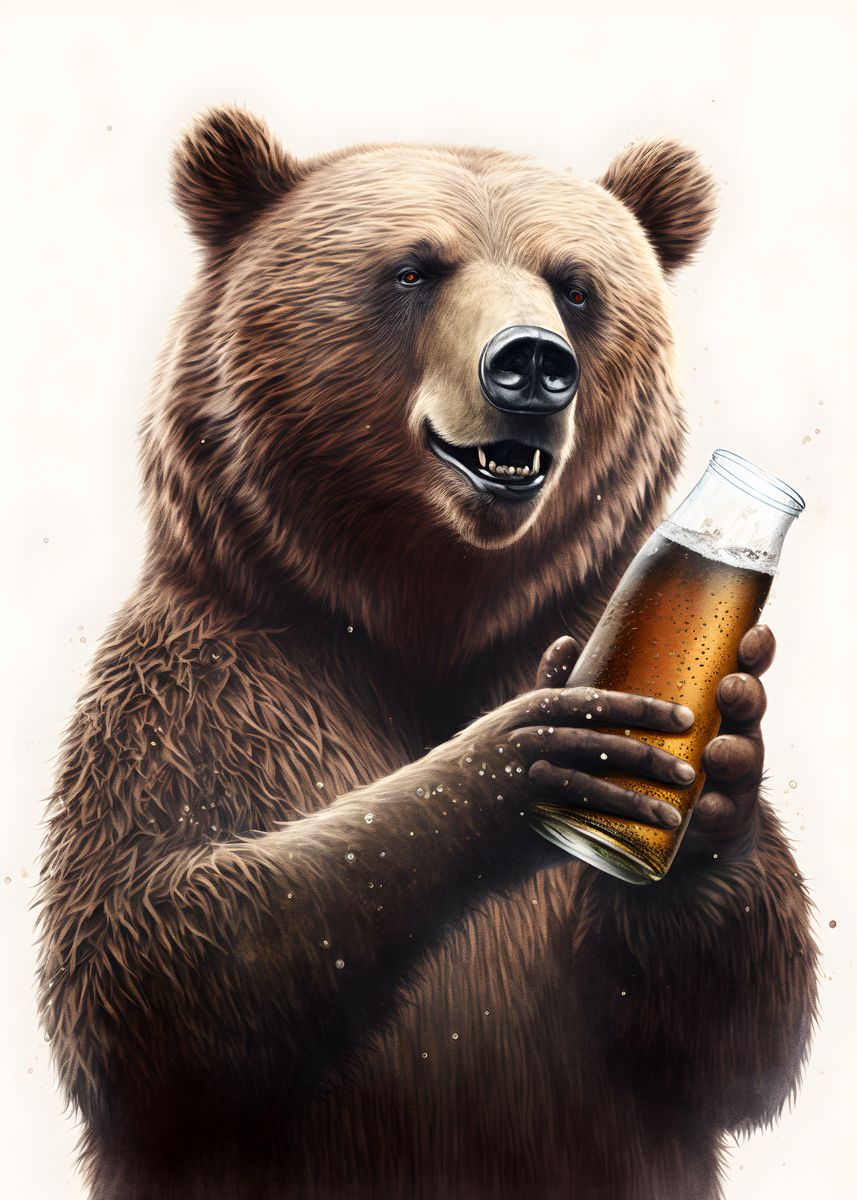 'Bear and beer' Poster, picture, metal print, paint by Elz art Displate