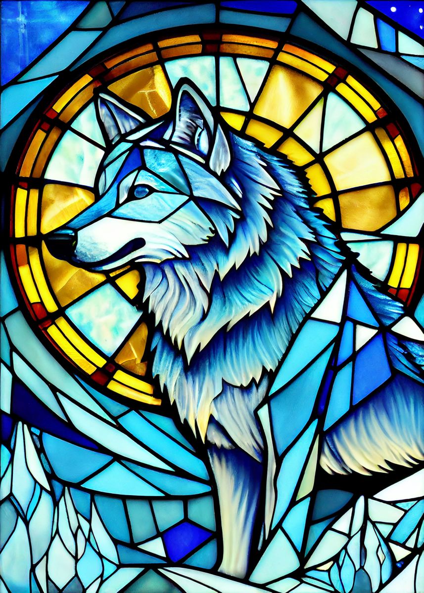 ‘Wolf Stained Glass Style’ Poster, picture, metal print, paint by
