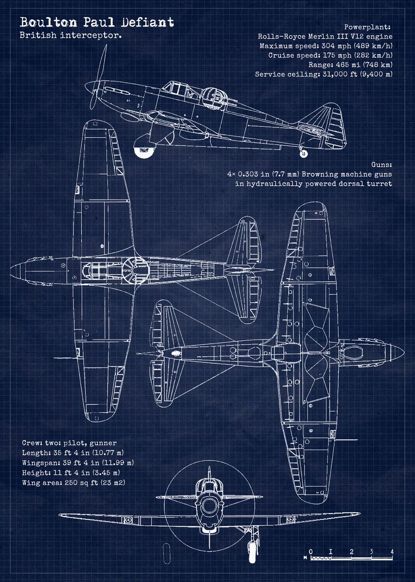 'Paul Defiant Blueprint' Poster, picture, metal print, paint by ...