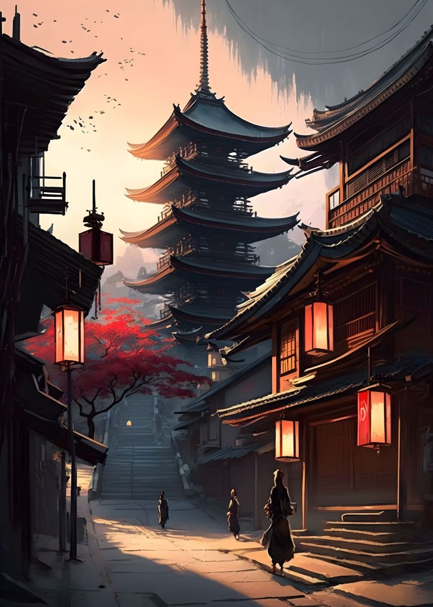 'Japanese City Temple' Poster, picture, metal print, paint by Maël ...