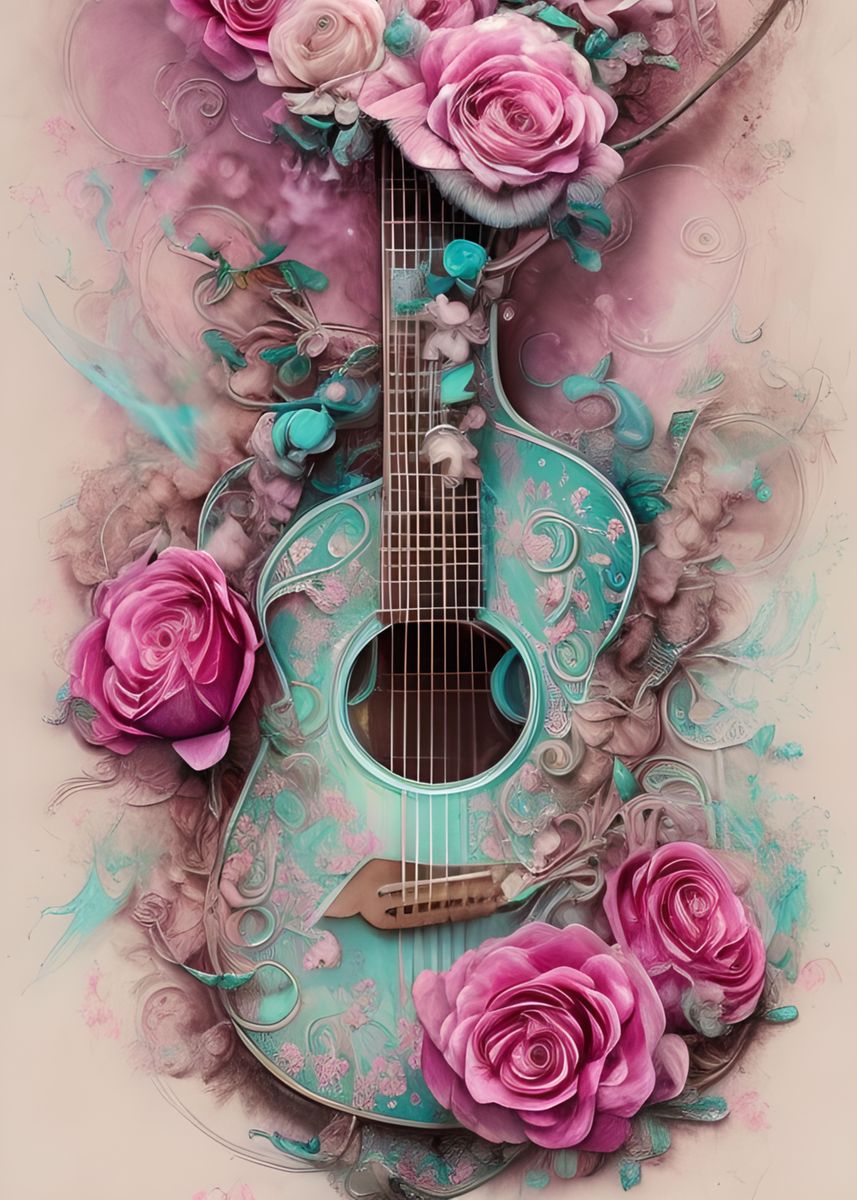 ‘Flower Guitar’ Poster, picture, metal print, paint by Wyld Tribe