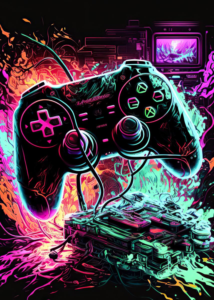 Neon Gaming Poster' Poster, picture, metal print, paint by GoodLifeImages