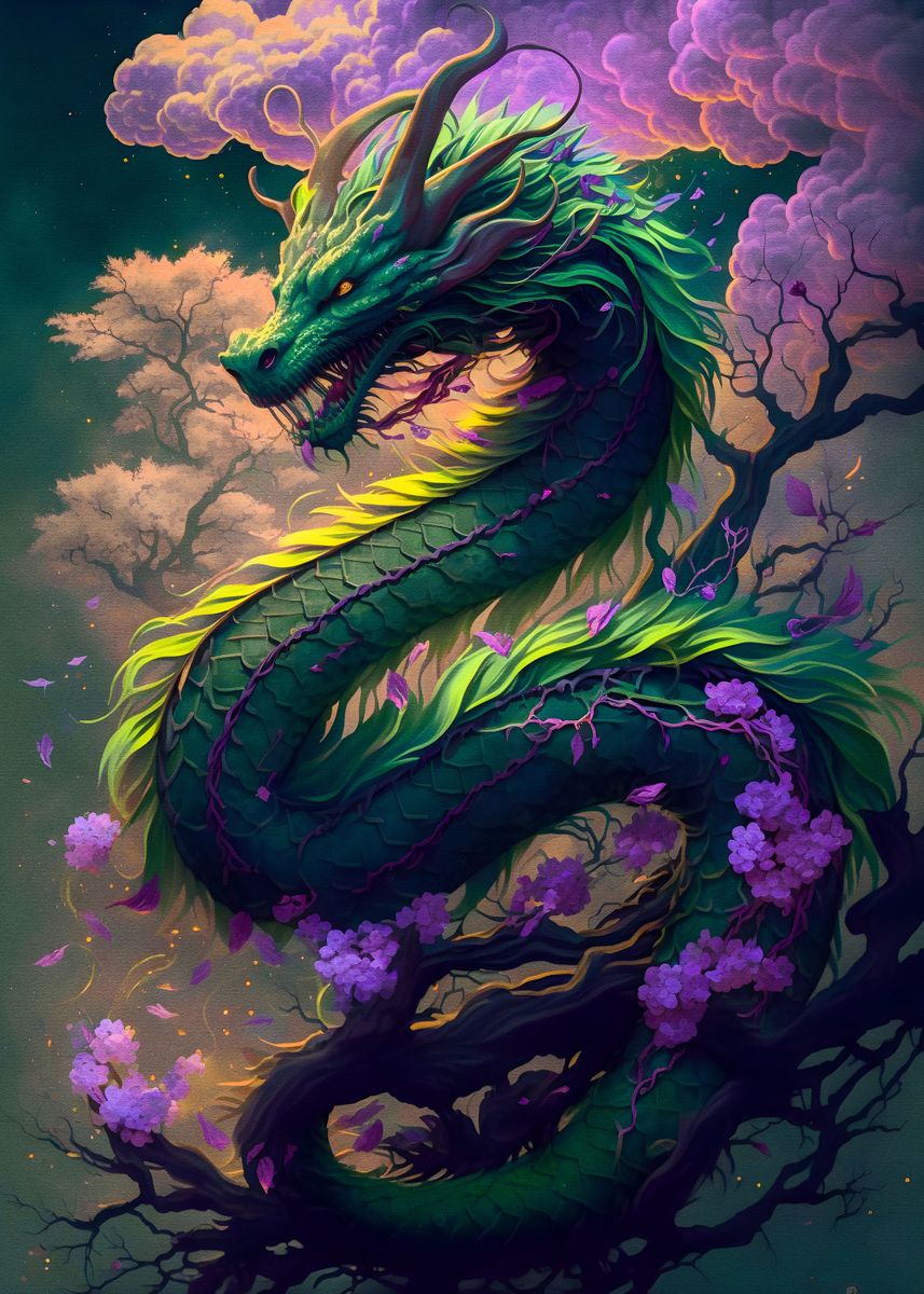 'Green Dragon Flowers' Poster, picture, metal print, paint by Muhammad ...