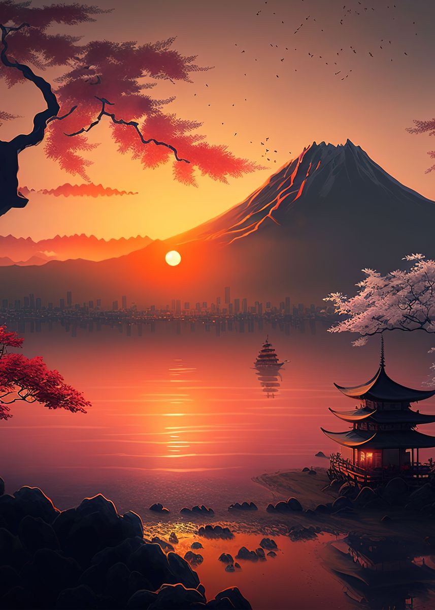 'Beautiful Japan Sunset ' Poster, picture, metal print, paint by Anime ...