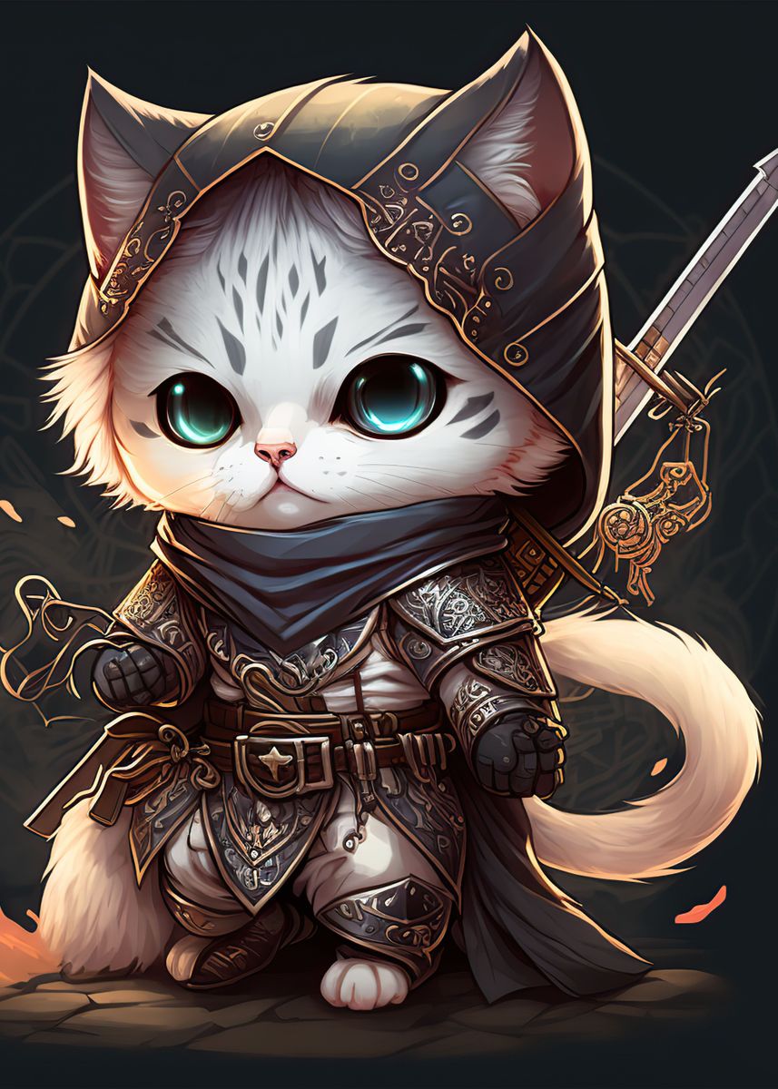 'Cat Warrior Chibi' Poster, picture, metal print, paint by Elly Rodgers