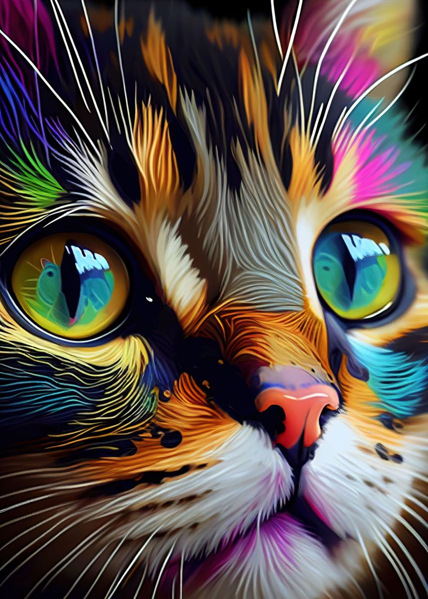 'Colorful Cat Cute Feline' Poster, picture, metal print, paint by ...