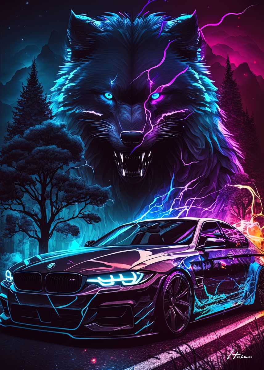 Neon Wolf and Car northern' Poster by | Displate