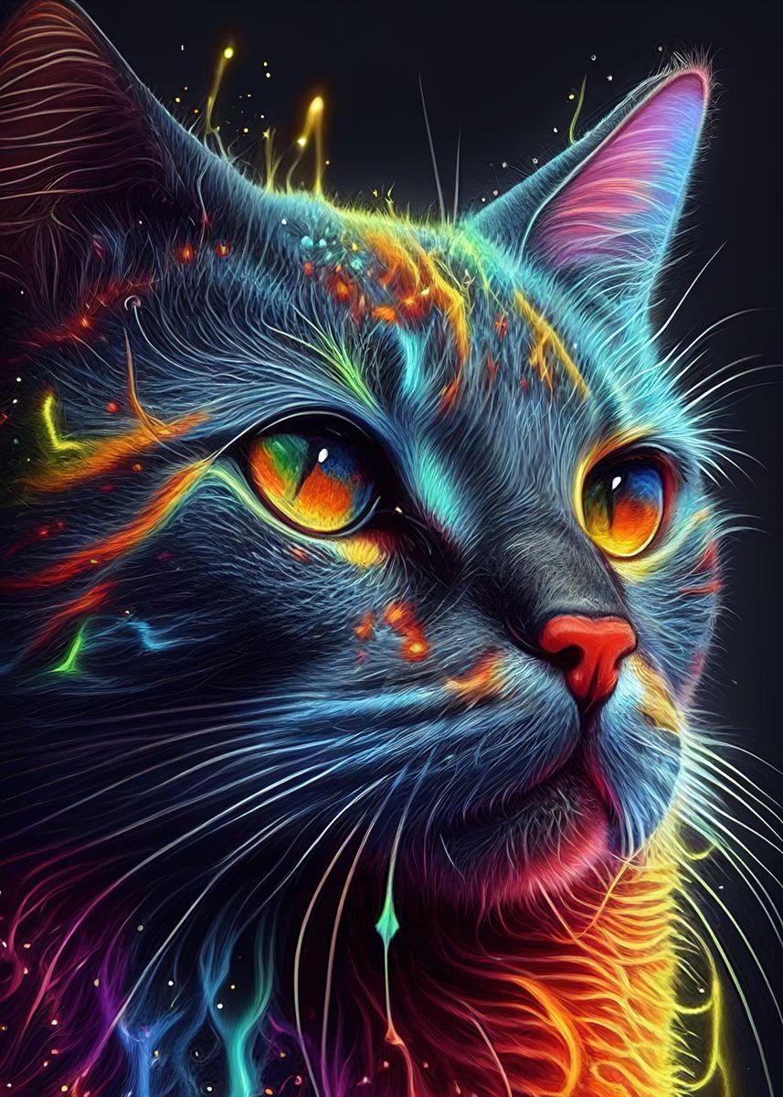 'Colorful Cat Cute Feline' Poster, picture, metal print, paint by ...