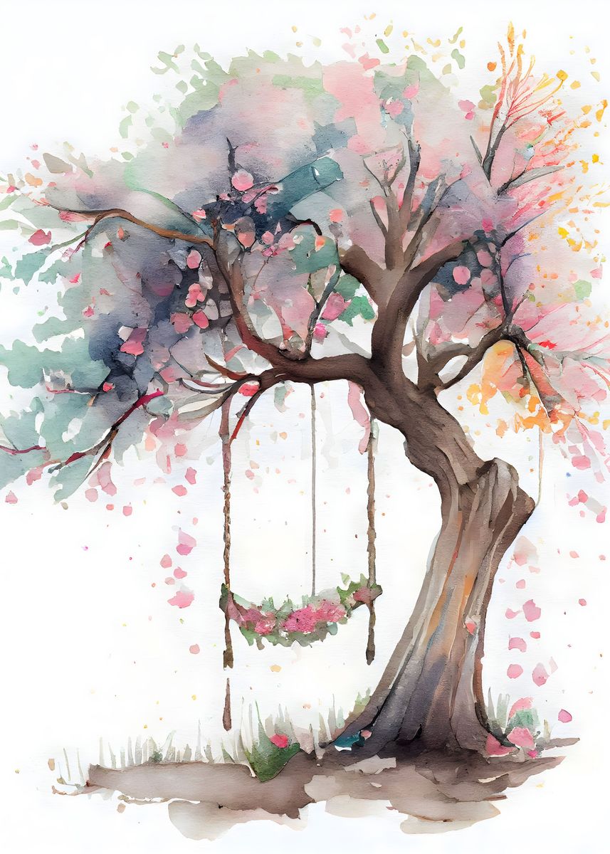 'Swinging under Bloom Tree' Poster by Ali  | Displate