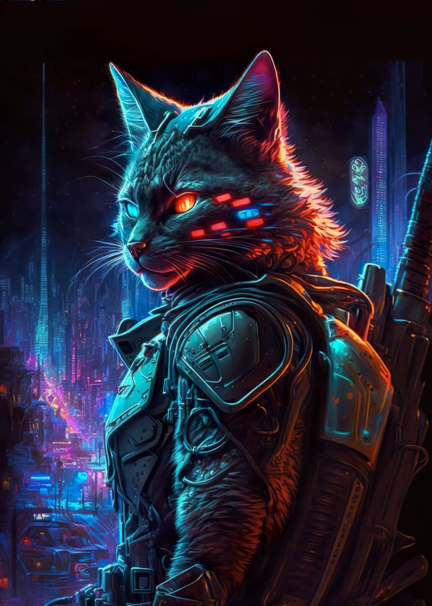 'Cat Human Cyberpunk' Poster, picture, metal print, paint by HUMANIMAL ...
