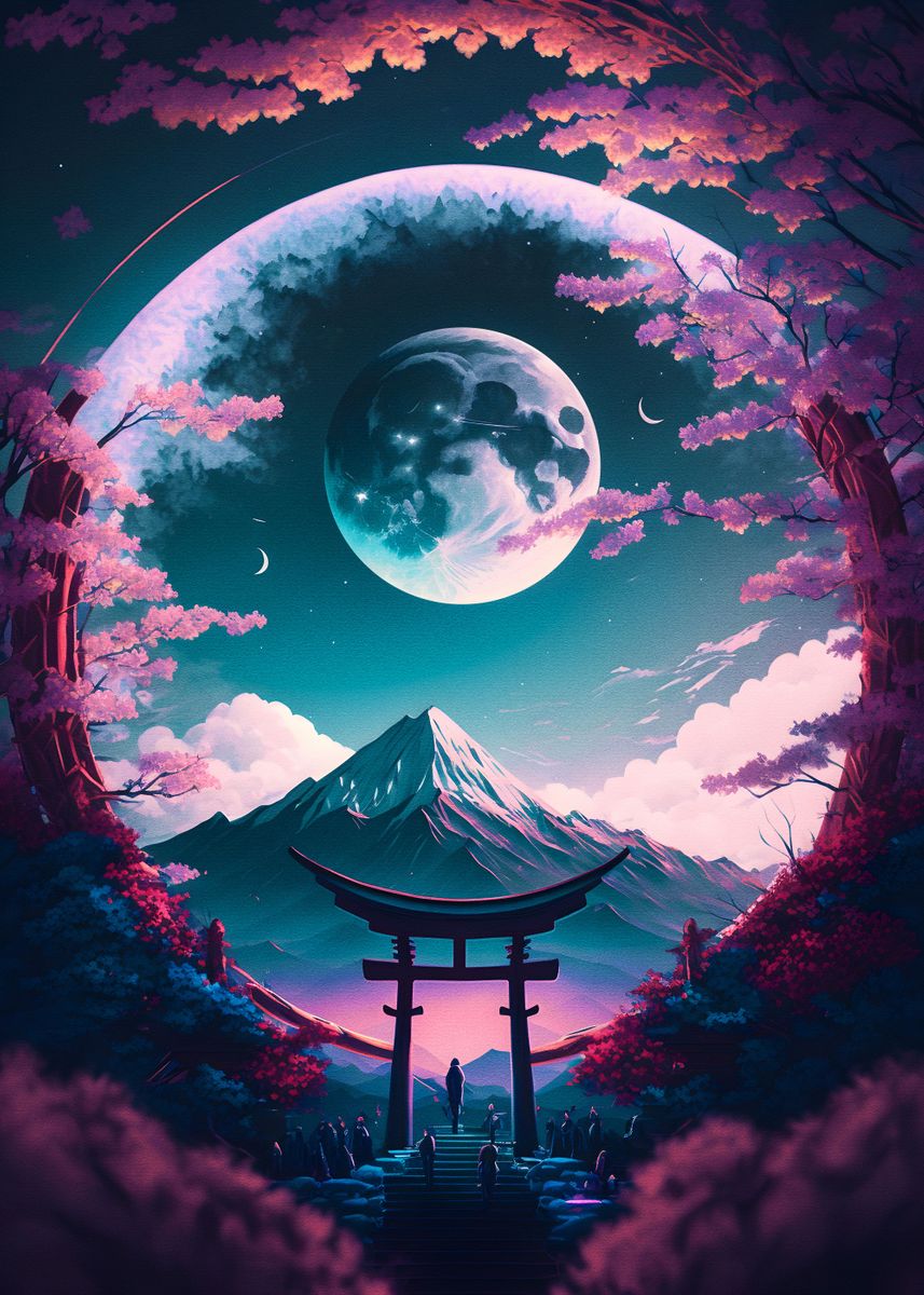 Anime torii gate sakura blossom dream moon