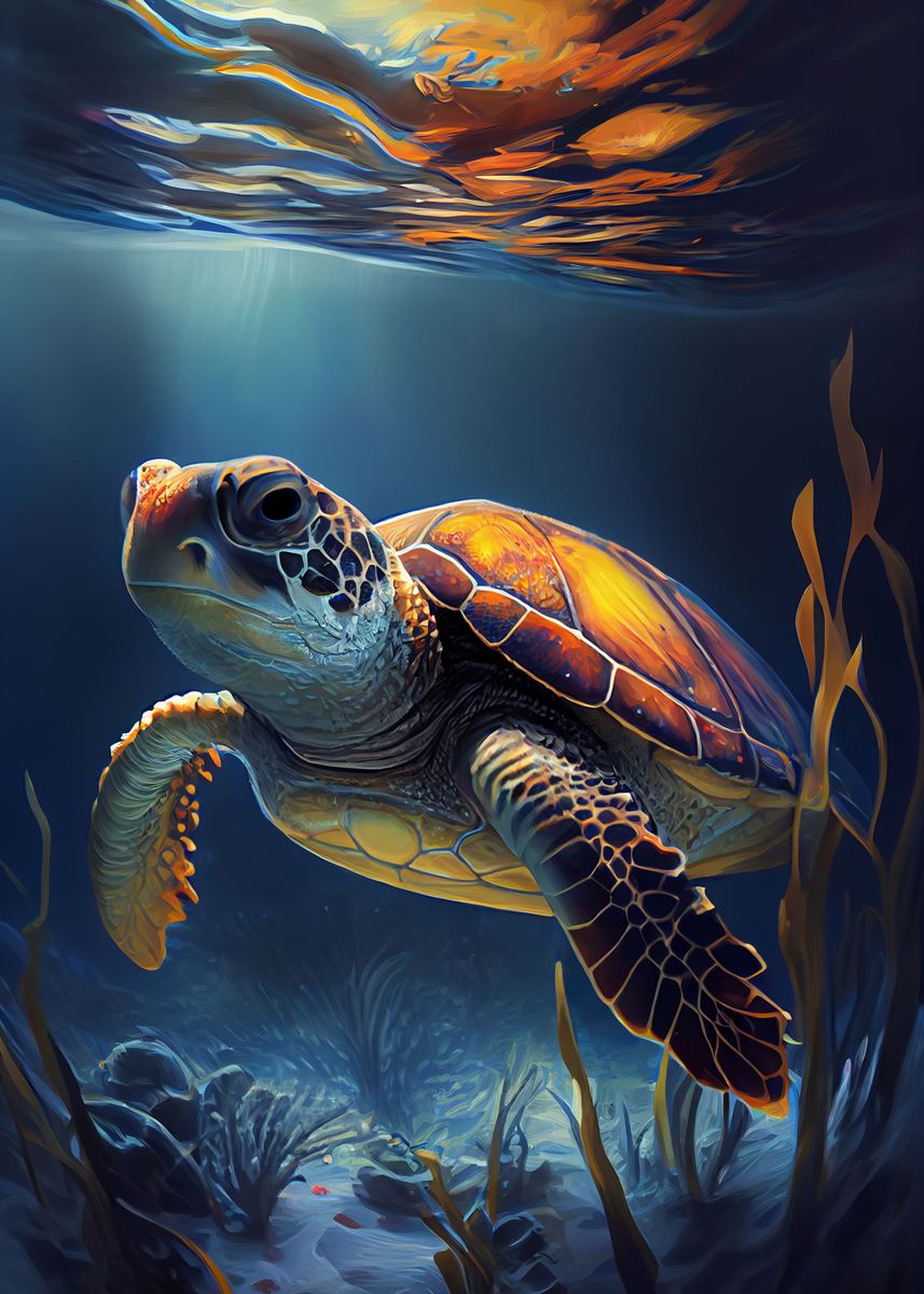 'Turtle Underwater' Poster, picture, metal print, paint by DecoyDesign ...