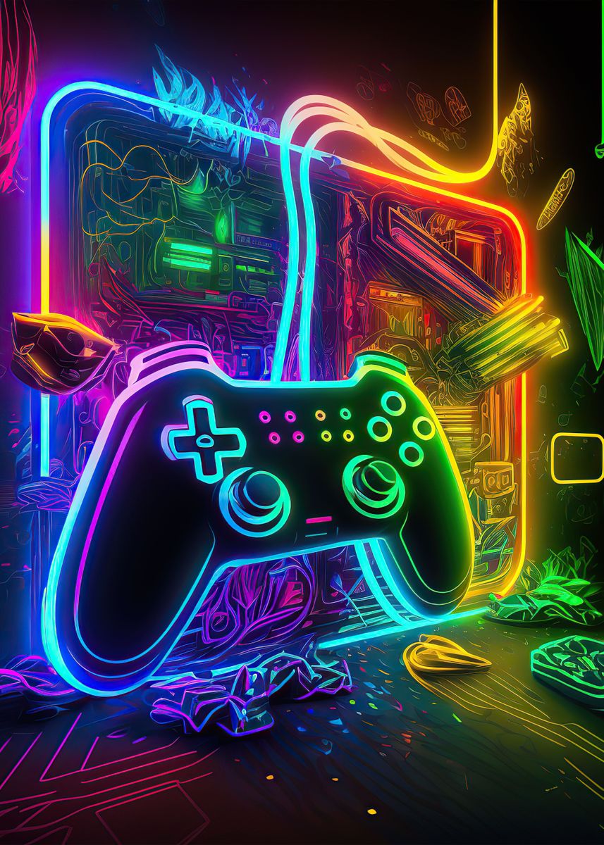  Vintage Video Game Wall Art Print, 4 Piece Room Wall Decoration, Retro Neon Style Gamepad Theme Poster, Video gamer Club Wall paper