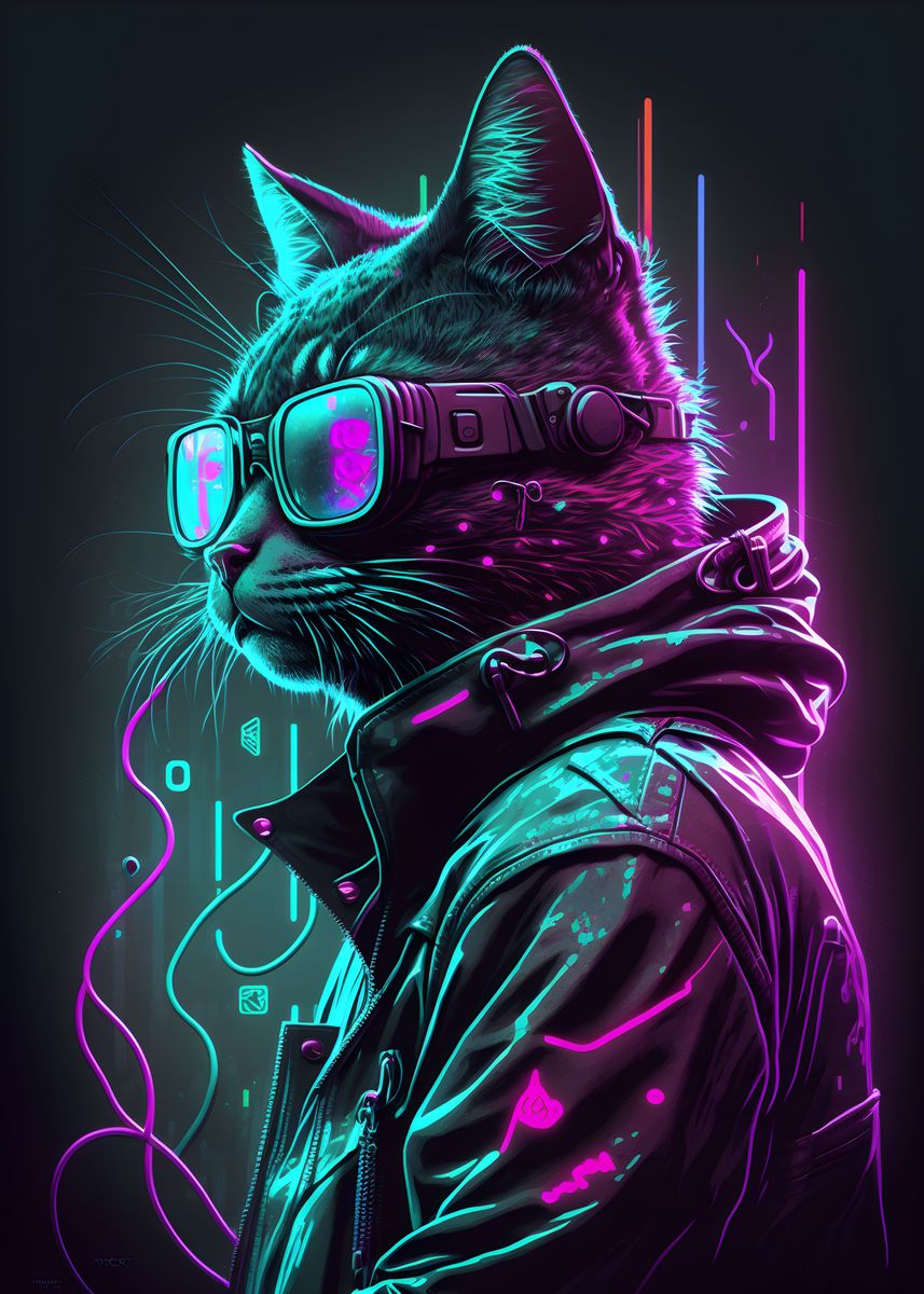 'Cyberpunk Cat' Poster, picture, metal print, paint by Holzkovic | Displate