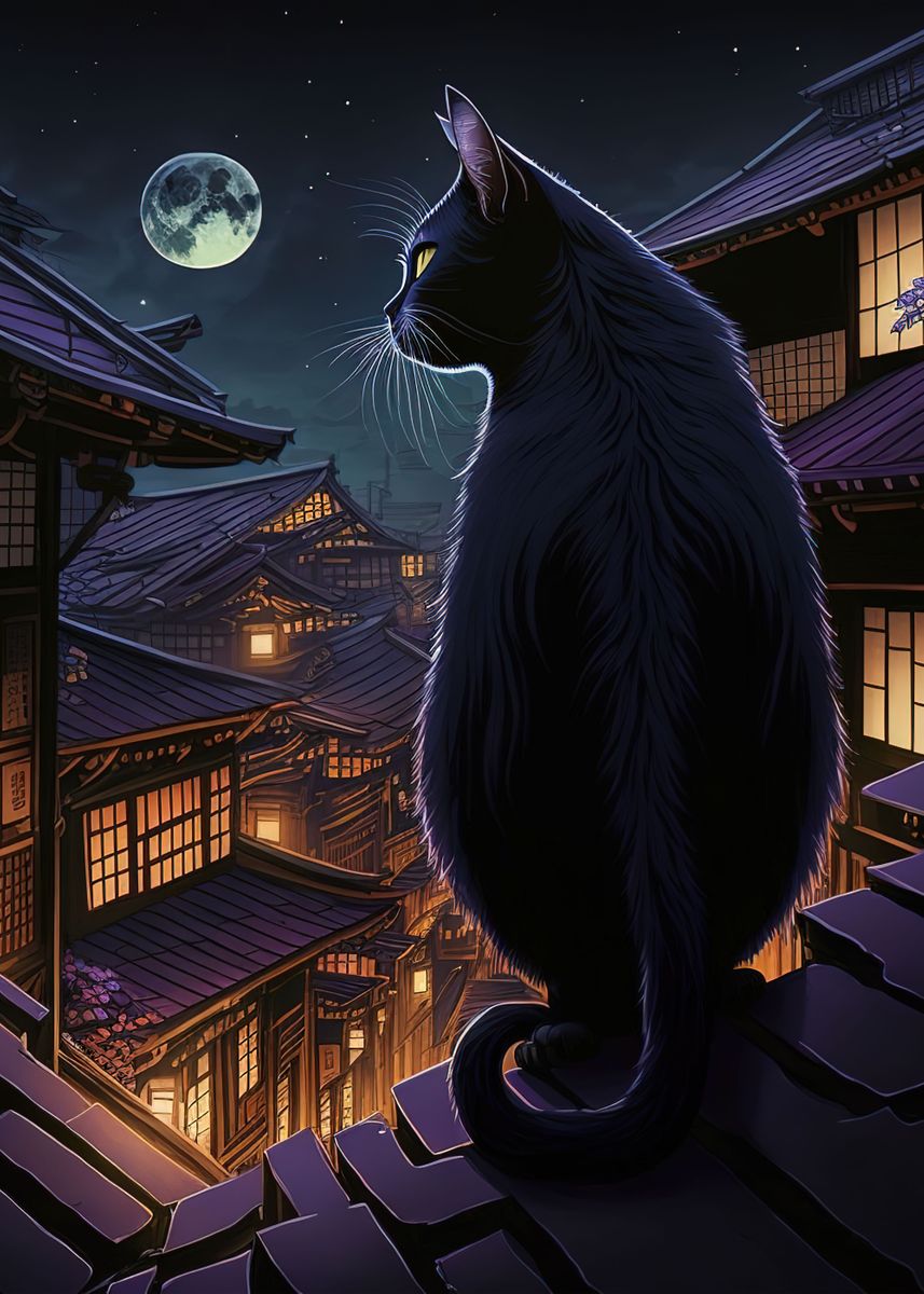 'The Moon Night Cat Japan ' Poster, picture, metal print, paint by ...