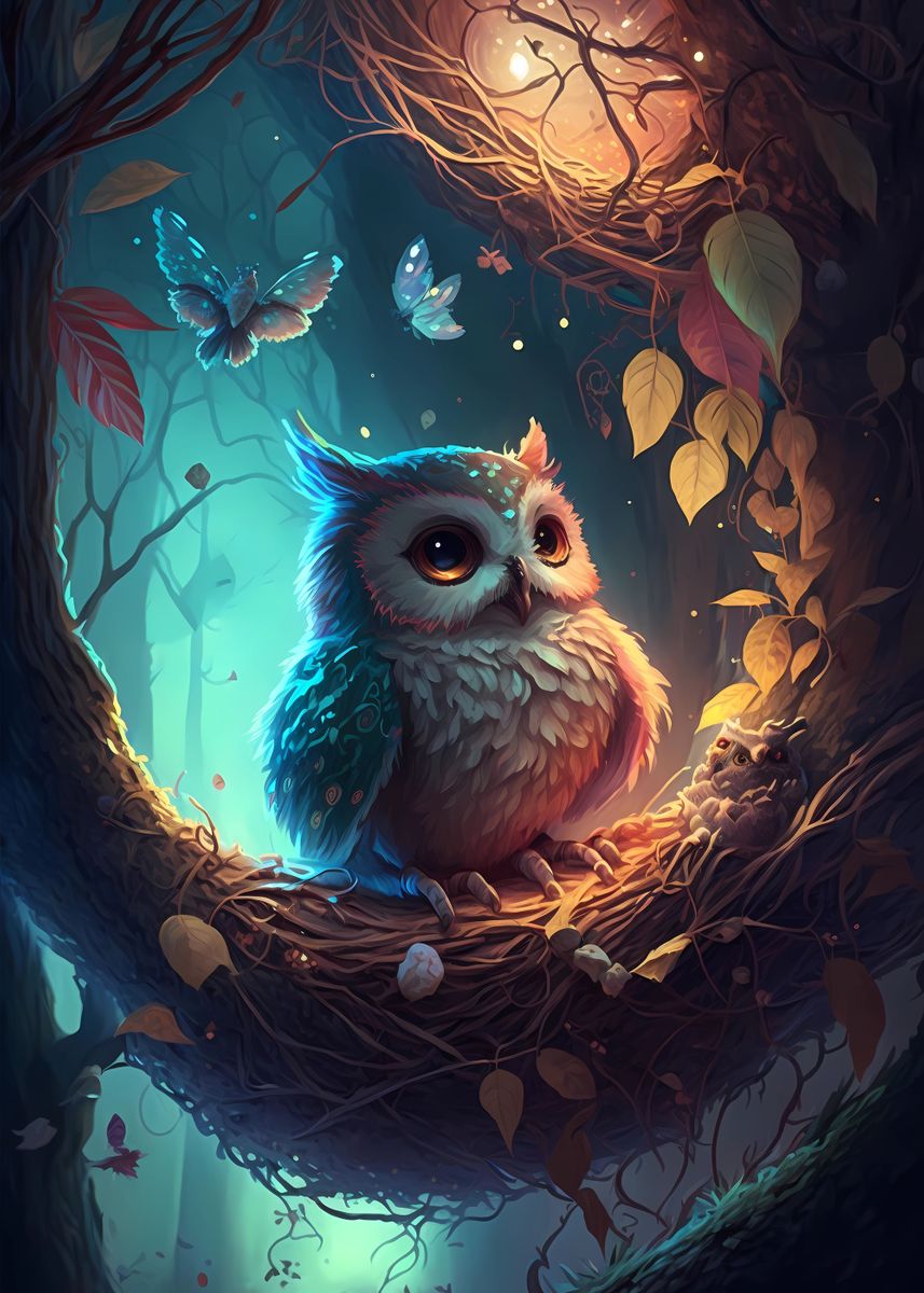 'Owl Enchanted worldview' Poster, picture, metal print, paint by Amely ...