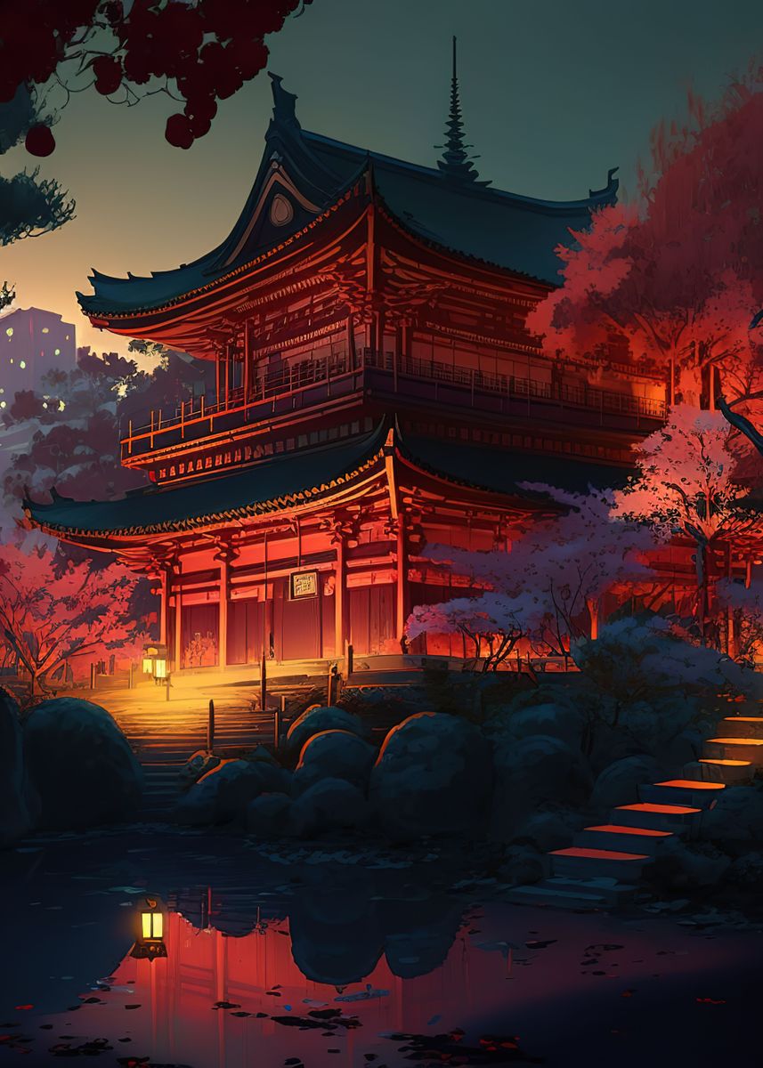 'Night Japan House ' Poster, picture, metal print, paint by Anime Manga ...