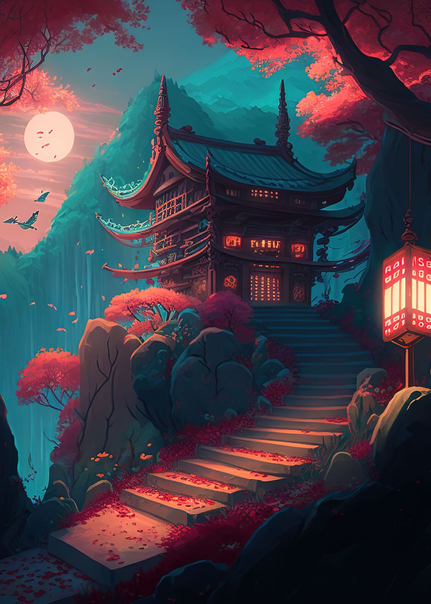 'night Japan House ' Poster, Picture, Metal Print, Paint By Anime Manga 