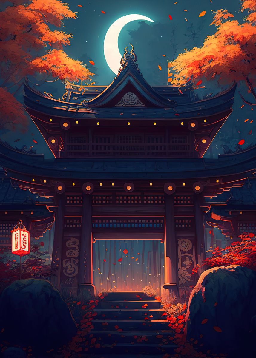 'Night Japan House ' Poster, picture, metal print, paint by Anime Manga ...