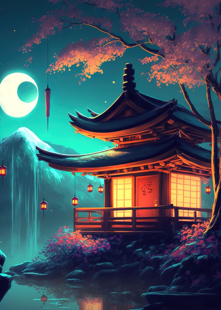 'Night Japan House ' Poster, picture, metal print, paint by Anime Manga ...