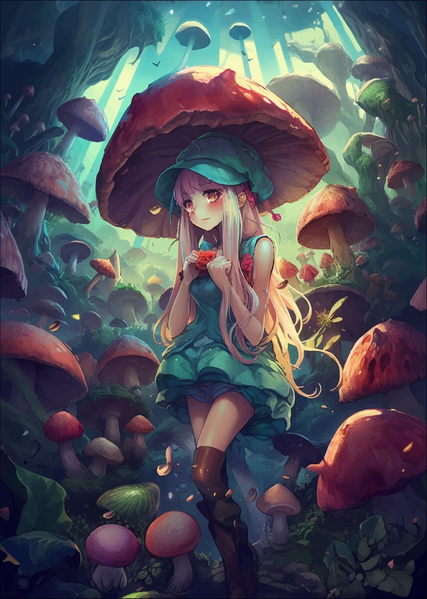 'Anime Mushroom Girl' Poster, picture, metal print, paint by PxL Displate