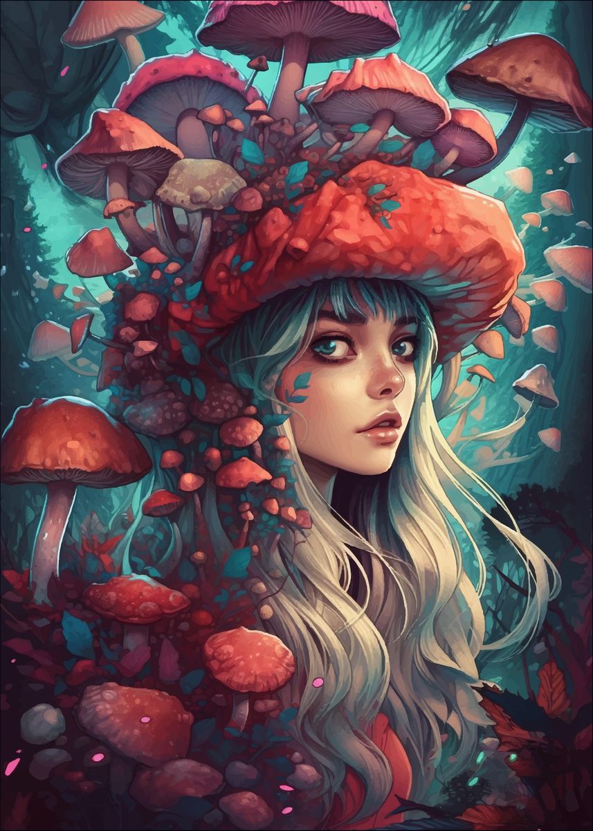 'Anime Mushroom Girl' Poster, picture, metal print, paint by PxL Displate