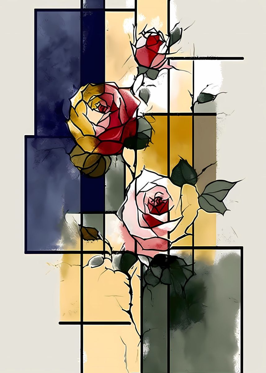 'Roses Floral Mondrian Art' Poster, picture, metal print, paint by