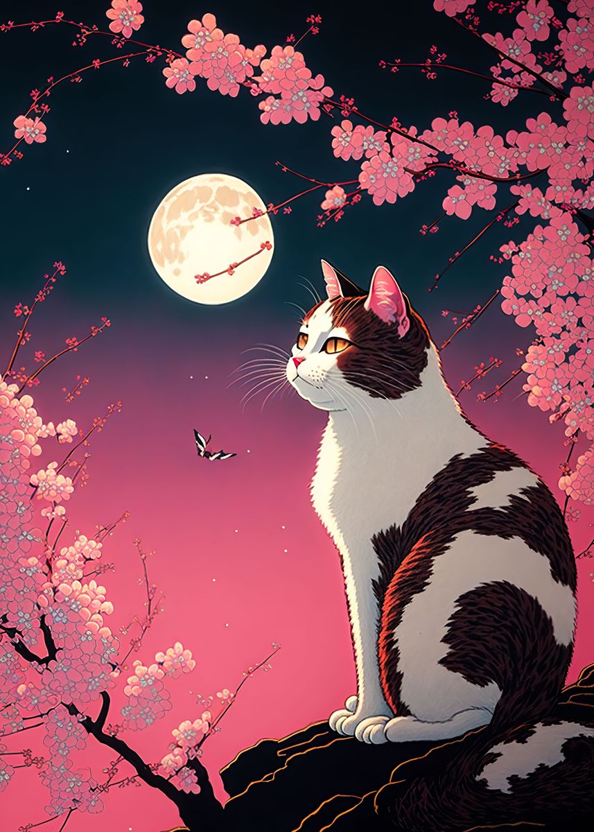 'Cat Cherry Blossoms' Poster, picture, metal print, paint by NeoRowe ...