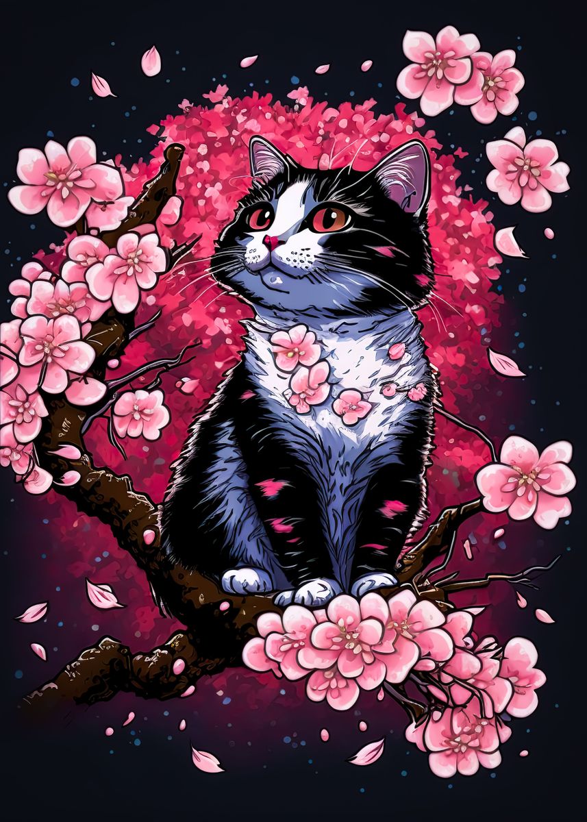 'cherry blossom cat' Poster, picture, metal print, paint by NeoRowe ...