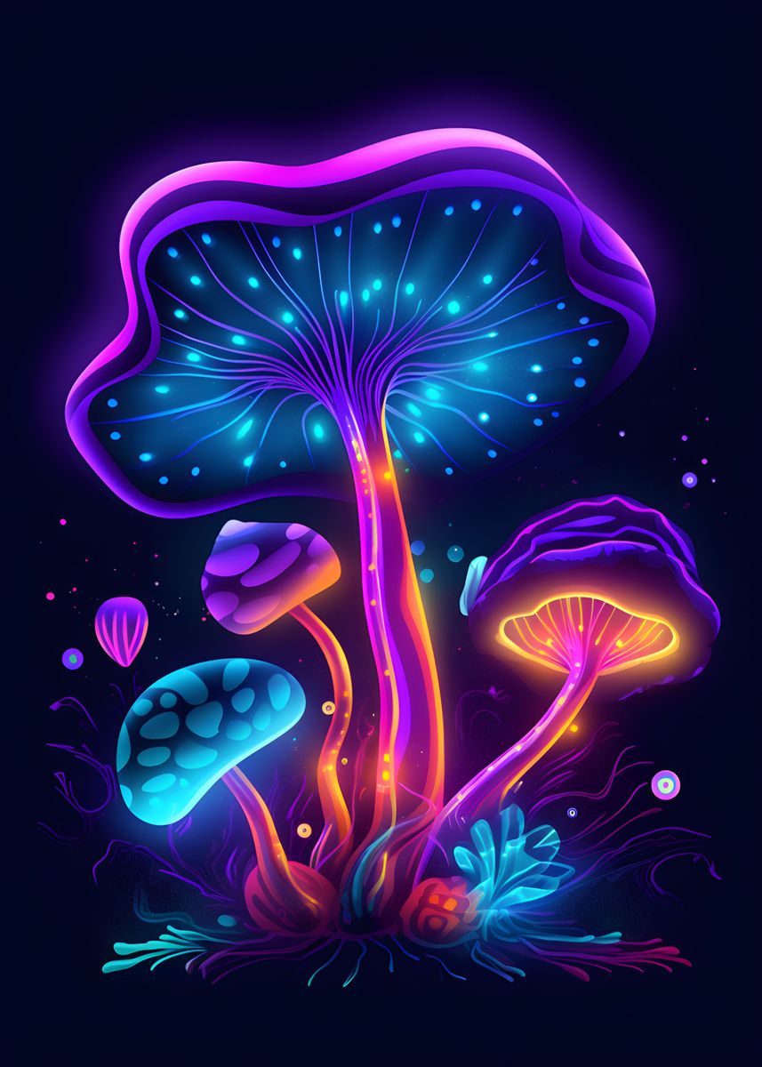 ‘Neon mushrooms’ Poster, picture, metal print, paint by Piat Armstrong