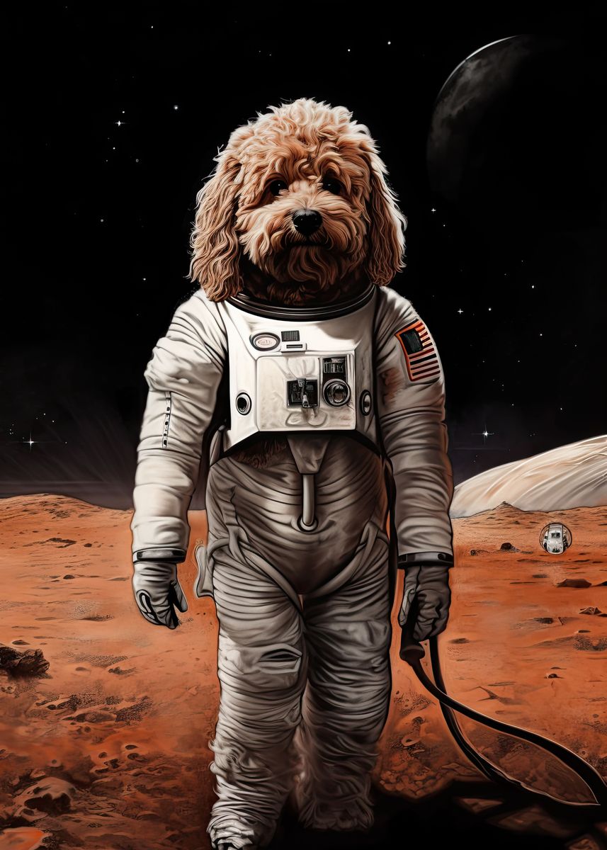 'Goldendoodle Dog On Mars' Poster, picture, metal print, paint by PetPrints Displate