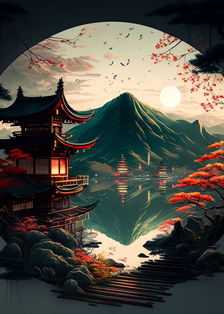 'japan moon landscape ' Poster by Anime Manga | Displate