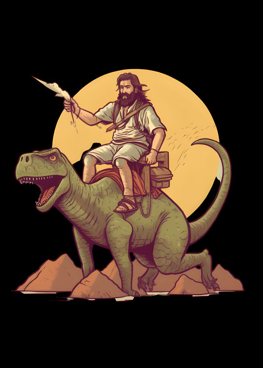 Jesus Rode A T Rex 'Jesus Riding A Dino Rex' Poster, picture, metal print, paint by Color ...
