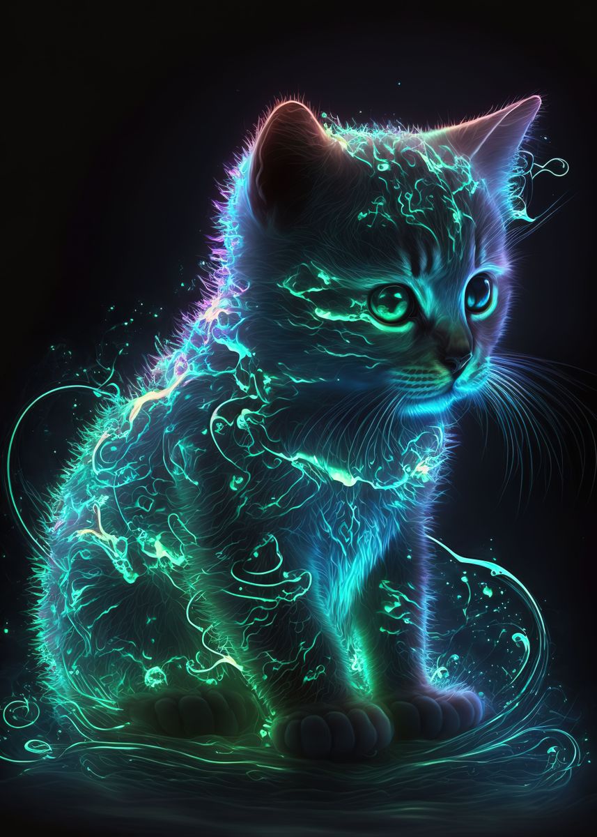 'Colorful Neon Cat' Poster, picture, metal print, paint by MAD SPACE ...