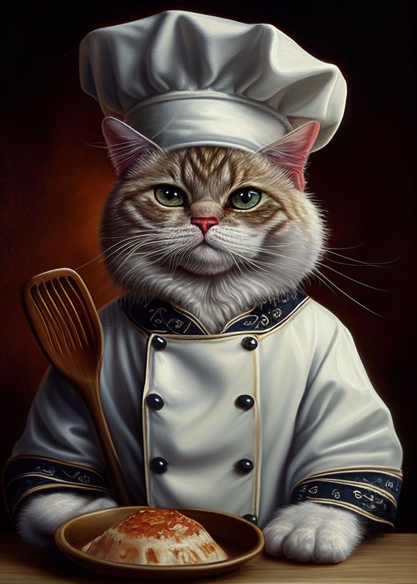 'Cute Cat Chef Animal' Poster, picture, metal print, paint by Whimsical ...