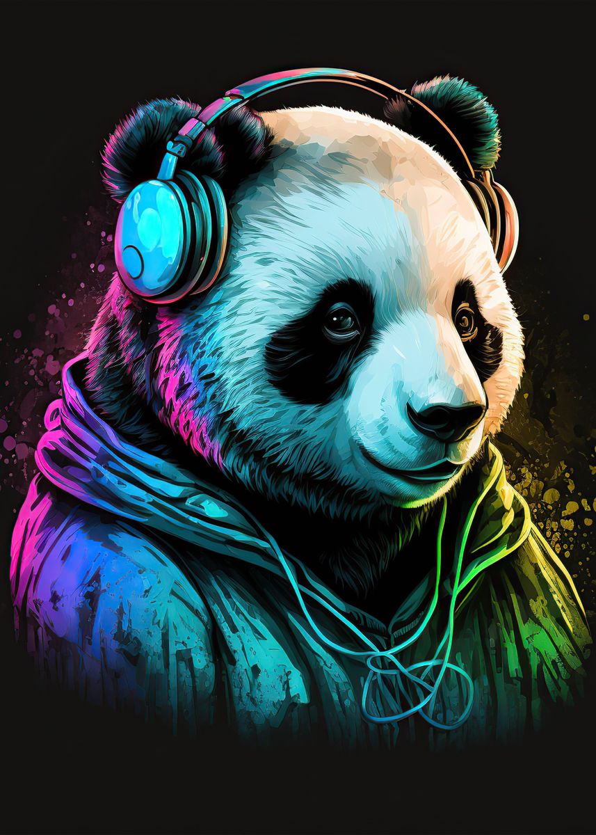 'Panda listening to music' Poster, picture, metal print, paint by ...