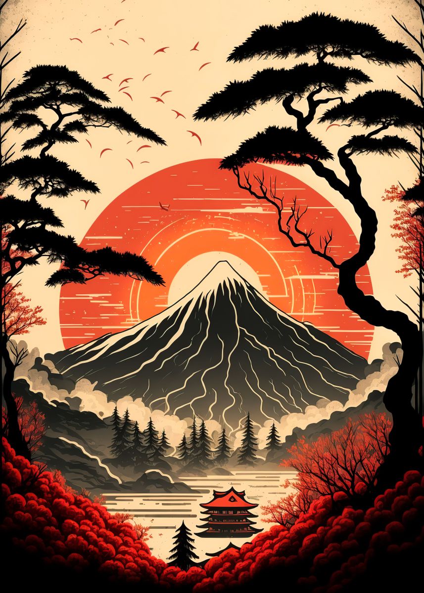 'Red Sunset over Mount Fuji' Poster by DorthyToy | Displate