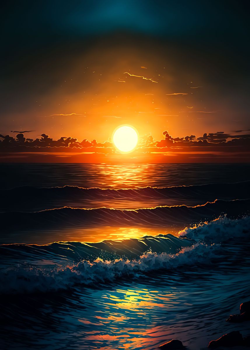 'Waves at ocean sunset' Poster, picture, metal print, paint by Efe ...