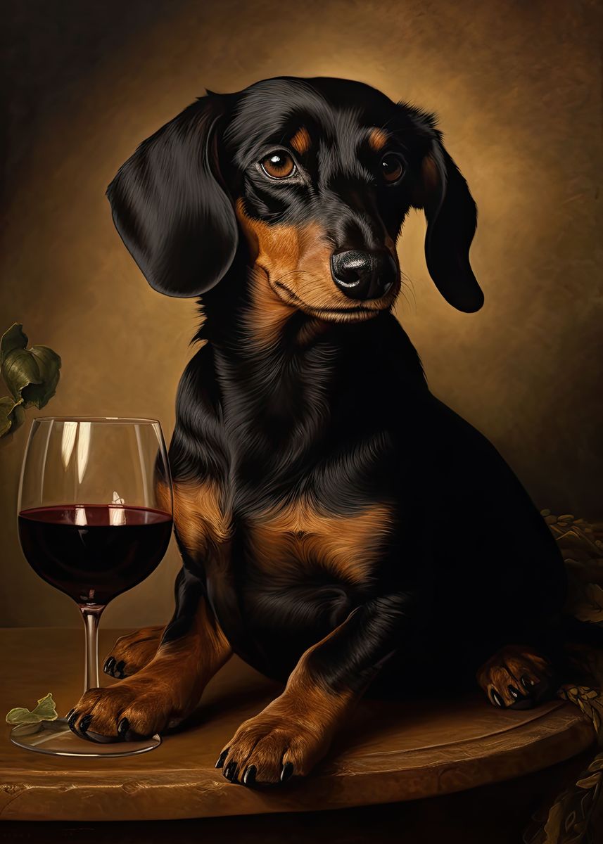 'Dachshund Enjoying Wine ' Poster, picture, metal print, paint by