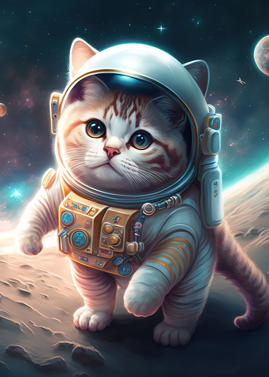 'cat astronaut' Poster, picture, metal print, paint by Jena | Displate