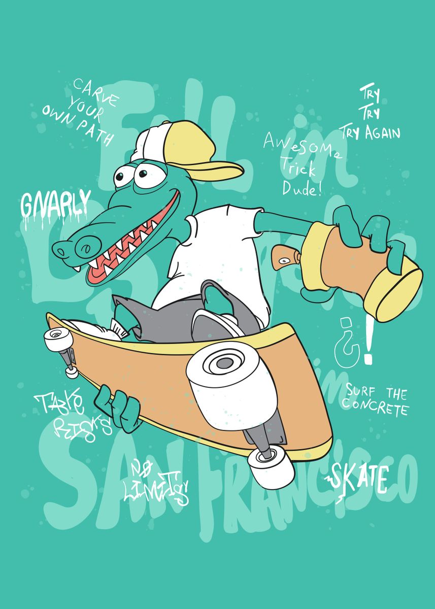  Crocodile Skateboarding Poster Picture Metal Print Paint By 